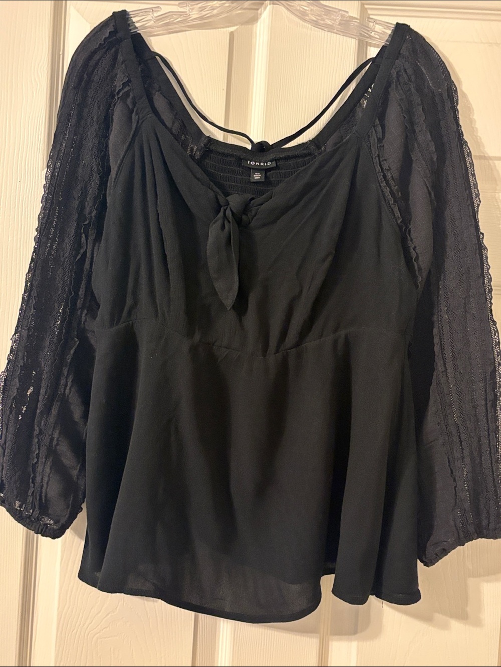 torrid Black Lace-Sleeve Peasant Top with Tie Neck